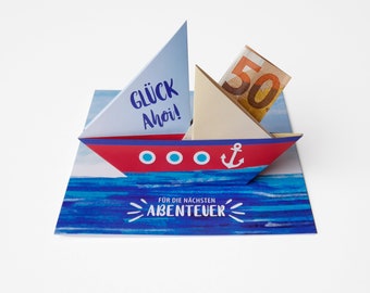 Birthday card "Glück Ahoy" for a money gift with an origami boat