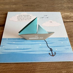 Carte de communion 2025, avec bateau plié à la main, bleu/turquoise
