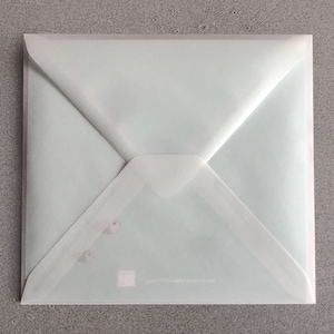 May include: A white envelope with a light blue interior. The envelope has a flap that folds over the front and is sealed with a white sticker.