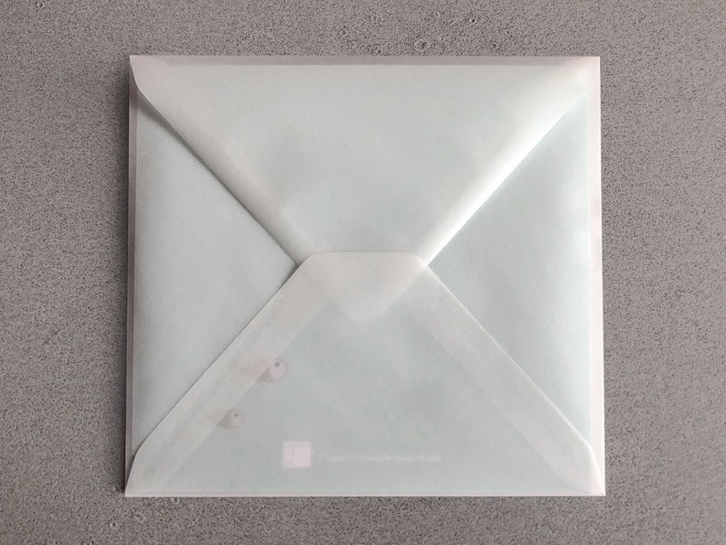 May include: A white envelope with a light blue interior. The envelope has a flap that folds over the front and is sealed with a white sticker.