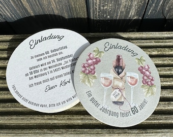 Birthday invitation wine coaster / lid "A good vintage...!"