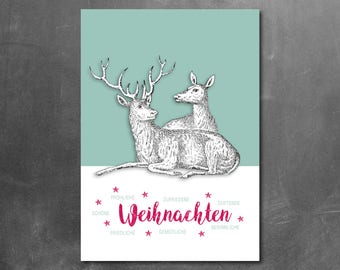 Postkarte weihnachten mit Hirsch und Reh