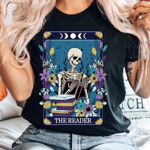 Bookish tshirt the reader Halloween skeleton tarot shirt for book lover gift book shirt fortune teller shirt tarot card shirt librarian gift