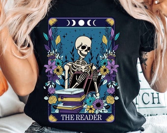 Bookish tshirt the reader Halloween skeleton tarot shirt for book lover gift book shirt fortune teller shirt tarot card shirt librarian gift