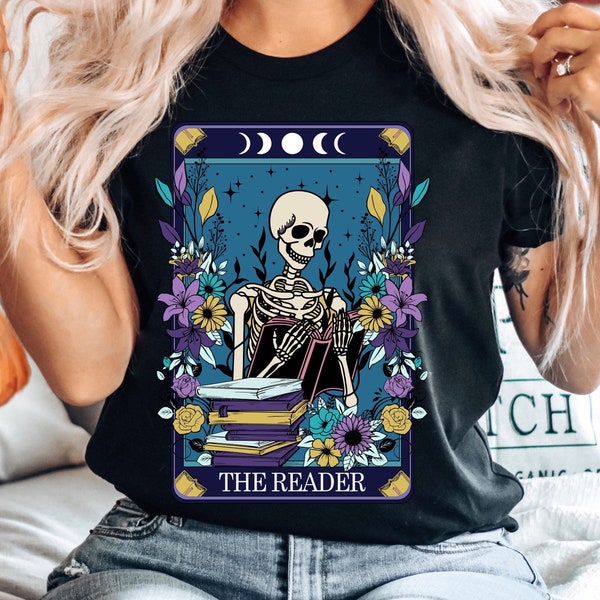 Bookish tshirt the reader Halloween skeleton tarot shirt for book lover gift book shirt fortune teller shirt tarot card shirt librarian gift