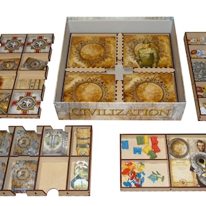 Op de afbeelding: Een houten organizer voor het bordspel Civilization: A New Dawn. De organizer bevat vakken voor de spelonderdelen, waaronder het bord, kaarten en tokens. De organizer is gemaakt van hoogwaardig hout en is ontworpen om perfect in de speldoos te passen.