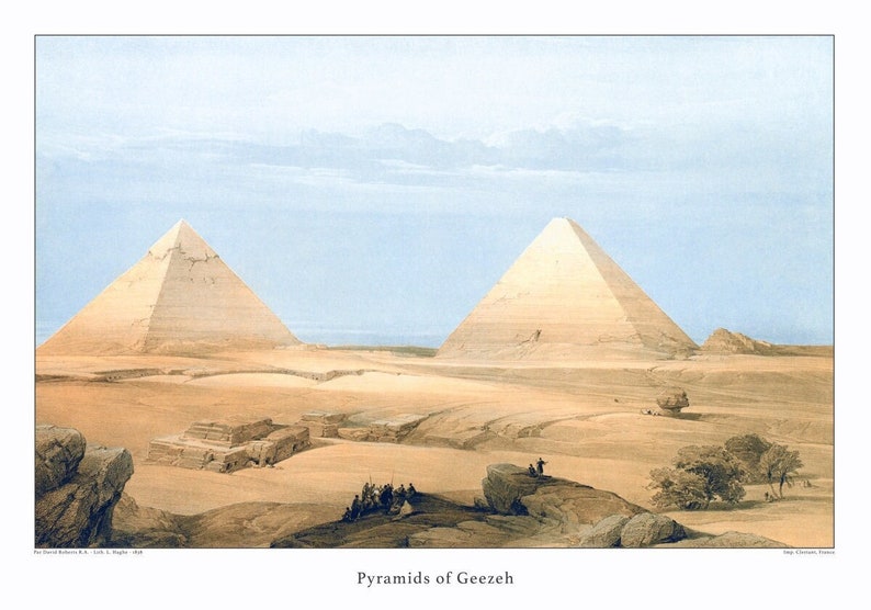 May include: A watercolor painting depicting the Pyramids of Gizeh in Egypt. The two large pyramids are in the distance, with a smaller pyramid in the foreground. The sky is a light blue, and the sand is a light brown.