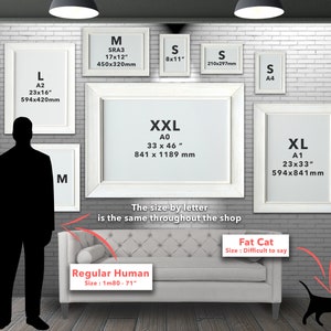 May include: A diagram showing different sizes of picture frames with measurements in inches and millimeters. The sizes are labeled with letters from S to XXL. The text "The size by letter is the same throughout the shop" is also included. A silhouette of a person and a cat are shown for scale.