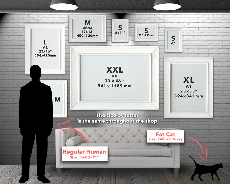 May include: A diagram showing different sizes of picture frames with measurements in inches and millimeters. The sizes are labeled with letters from S to XXL. The text "The size by letter is the same throughout the shop" is also included. A silhouette of a person and a cat are shown for scale.