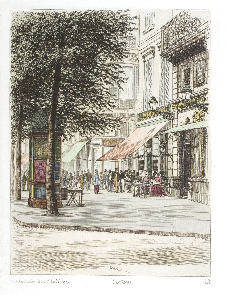 Paris wall art CAFE TORTONI lithograph french antique