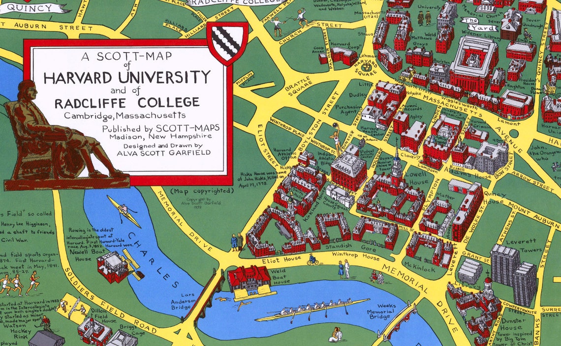 HARVARD University Map CAMBRIDGE Vintage Wall Art Campus Etsy