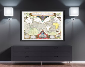 World map wall art 1577 sailling adventure, world discovery, regions geography atlas antique