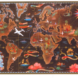 Może przedstawiać: Antyczna mapa świata przedstawiająca trasy lotnicze Air France. Mapa jest ilustrowana kolorowymi obrazami r&oacute;żnych zabytk&oacute;w i symboli kulturowych z całego świata. Mapa znajduje się na ciemnym tle z złotymi akcentami.