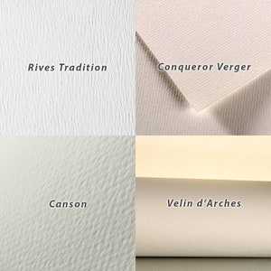 May include: Close-up of four different types of paper textures: Rives Tradition, Conqueror Verger, Canson, and Velin d'Arches.