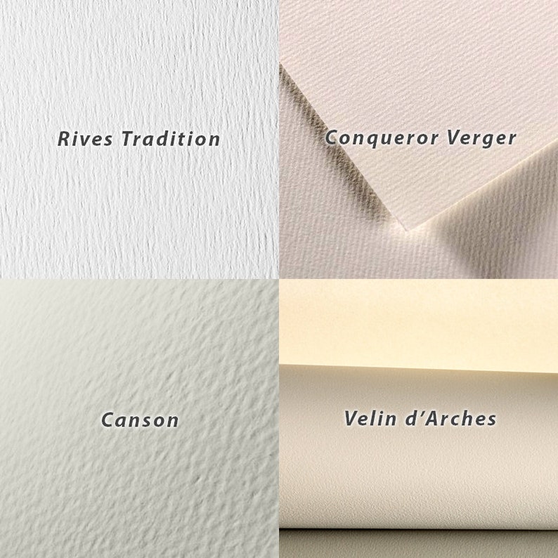 May include: Close-up of four different types of paper textures: Rives Tradition, Conqueror Verger, Canson, and Velin d'Arches.