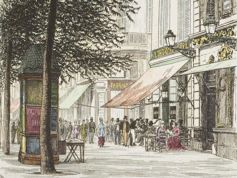Paris wall art CAFE TORTONI lithograph french antique