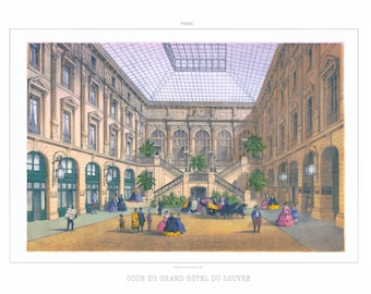 May include: A vintage illustration depicting the interior courtyard of the Grand Hotel du Louvre in Paris, France. The courtyard features a glass ceiling, a grand staircase, and a variety of people walking and interacting.