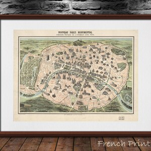 Carte d’art : « MONUMENTS de PARIS » ancienne carte de france, français, ancien, vintage, art mural ancienne, grande, décoration de salle de séjour, beige, vert, affiche
