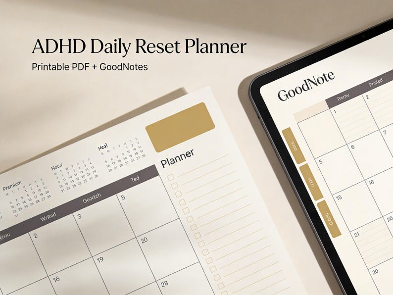 May include: An ADHD Daily Reset Planner, available as a printable PDF and for GoodNotes. The image shows a digital planner on a tablet and a physical planner, both with a neutral color scheme and calendar layouts.