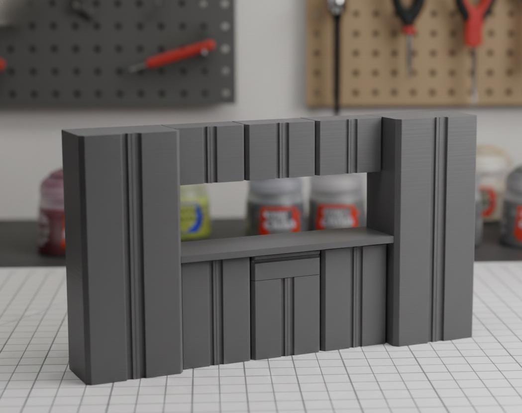 Pièce de diorama à l'échelle d'une armoire de garage - Deux tours avec bureau et étagères