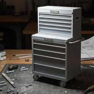 Puede incluir: Un cofre de herramientas Craftsman gris de dos piezas con múltiples cajones y un armario superior. El cofre de herramientas se asienta sobre ruedas y tiene un asa. El logotipo de Craftsman es visible en ambas secciones.