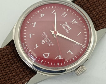 Genuine Vintage Hmt janata winding indian mens mechanical arabic red dial watch 007-a412750-1