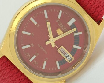Vintage Seiko 5 Automatik 6309A Japan Herren Day/Date rotes Zifferblatt vergoldete Armbanduhr A415419-1