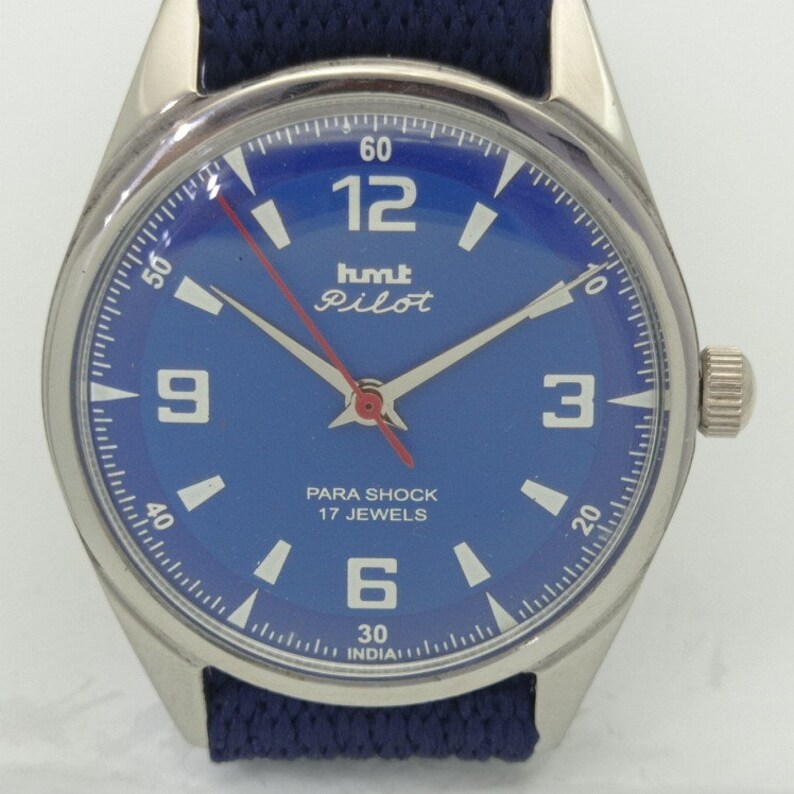 Genuine Vintage Hmt pilot winding indian mens mechanical blue dial watch 007-a412761-1 image 4