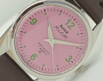 Genuine Vintage Hmt pilot winding indian mens mechanical pink dial wrist watch 009-a413046-1