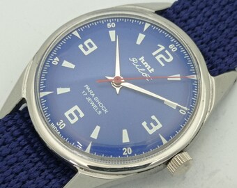 Genuine Vintage Hmt pilot winding indian mens mechanical blue dial watch 007-a412761-1