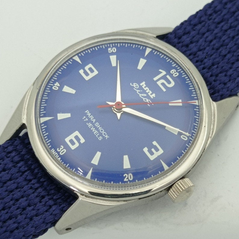 Genuine Vintage Hmt pilot winding indian mens mechanical blue dial watch 007-a412761-1 image 6