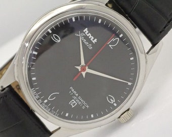 Vintage Hmt janata winding Indian mens mechanical black dial wrist watch 001-a411205-1