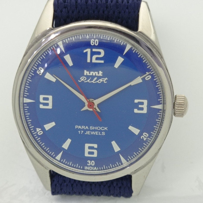Genuine Vintage Hmt pilot winding indian mens mechanical blue dial watch 007-a412761-1 image 3