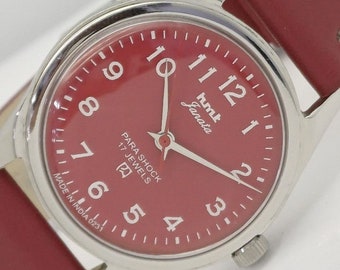 Vintage Hmt janata winding Indian mens mechanical red dial wrist watch 001-a411237-1