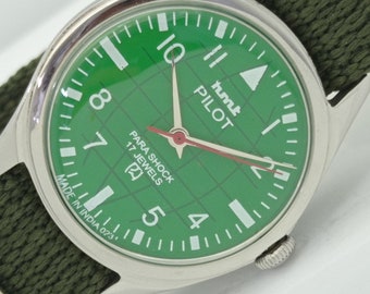 Genuine Vintage Hmt pilot winding indian mens mechanical green dial wrist watch 010-a415055-1