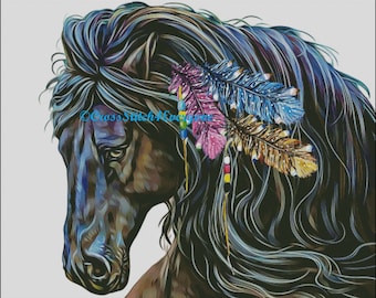 Black horse with feathers and beads counted cross stitch pattern digital pdf