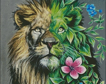 Lion with flowers counted cross stitch pattern digital pdf