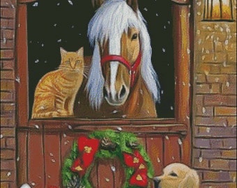 Haflinger horse stable dog cat rooster country christmas counted cross stitch pattern PDF