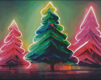 Neon colored christmas trees holiday counted cross stitch pattern digital pdf