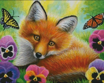 Red fox pansy flowers wildlife tiger swallowtail monarch butterfly counted cross stitch pattern PDF