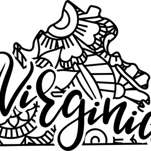 May include: Black and white line art illustration of the state of Virginia with the word "Virginia" written in a stylized font.
