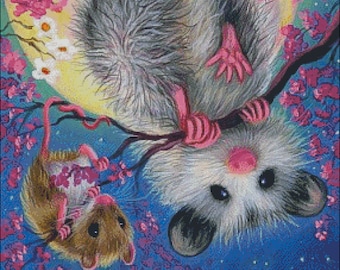 opossum field mouse babies blossoms counted cross stitch pattern PDF