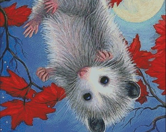 opossum baby moon autumn leaves counted cross stitch pattern PDF