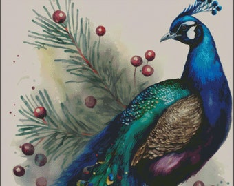 Peacock with greenery christmas winter scene counted cross stitch pattern digital pdf