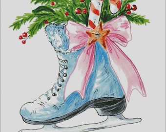 Ice skate with christmas greenery ribbon watercolor  counted cross stitch pattern PDF