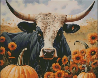 Black white face bull autumn scene pumpkins  counted cross stitch pattern digital pdf