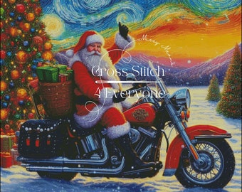 Santa Claus on a harley davidson motorcycle christmas holiday counted cross stitch pattern digital pdf