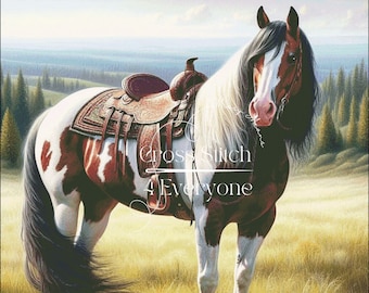 Overo Paint Horse Cross Stitch Pattern: Western Landscape (Digital PDF)