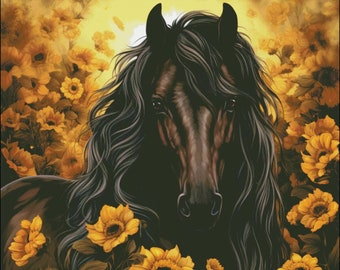 Bay horse in autumn flowers counted cross stitch pattern digital pdf