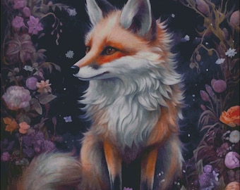 Red fox surrounded by flowers counted cross stitch pattern digital pdf download